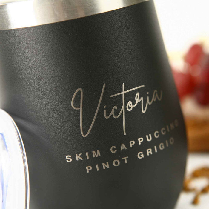 Custom Designed Engraved Matte Black Coffee Keep Cup Wine Sipper Silver Rim Birthday Present