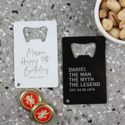 Custom Engraved White and Black Metal Credit Card "the man the myth the legend" Birthday Bottle Opener Present
