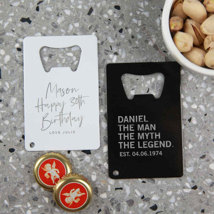 Custom Engraved White and Black Metal Credit Card "the man the myth the legend" Birthday Bottle Opener Present
