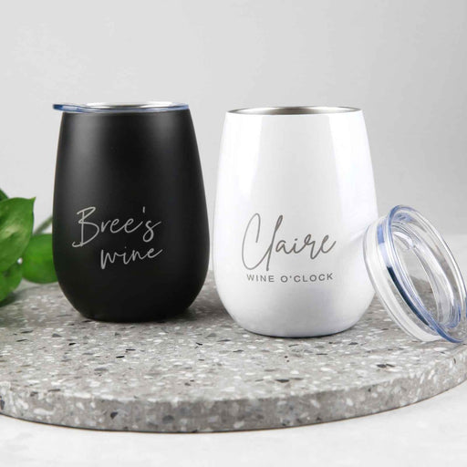 Personalised Engraved Black and White Stainless Steel Stemless Wine Sipper with Lid Birthday Present
