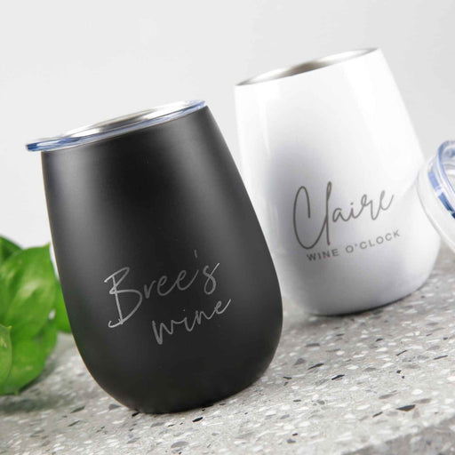 Customised Engraved Black and White Stainless Steel Birthday Stemless Wine Sipper with Lid Present