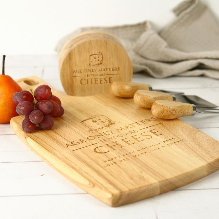 Engraved Birthday Paddle Chopping Board + BONUS Cheese Knife Set