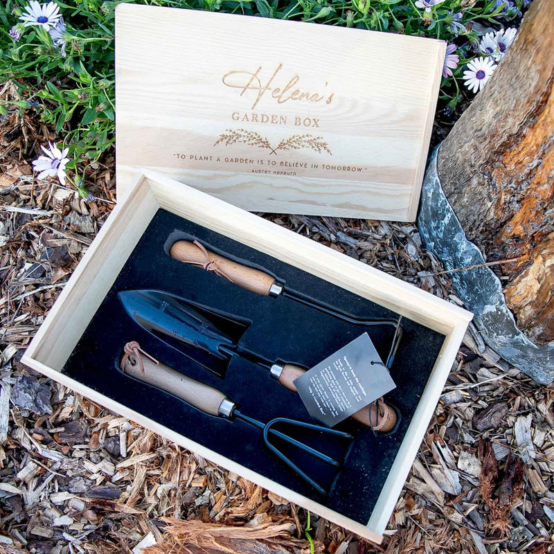 personalised garden tool set Birthday Engraved Wooden Garden Box Kit