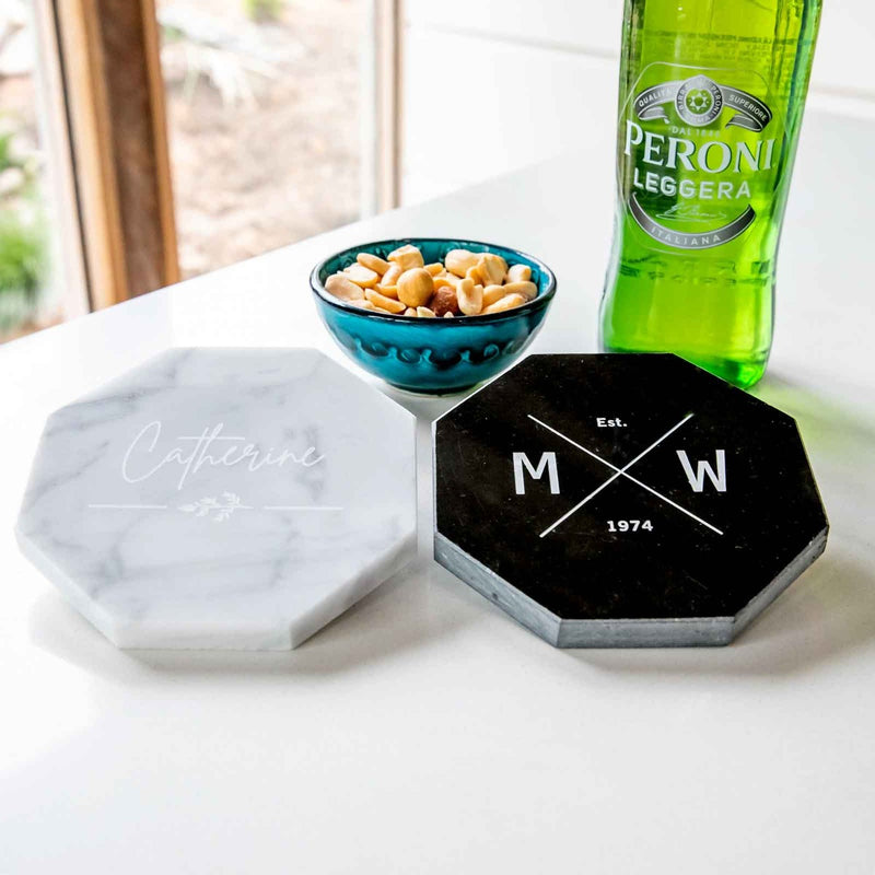 Customised Engraved White & Black Birthday Octagon Marble Coaster Gift