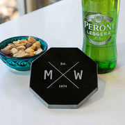 Custom Artwork Engraved Initials Black Birthday Octagon Marble Coaster Gift
