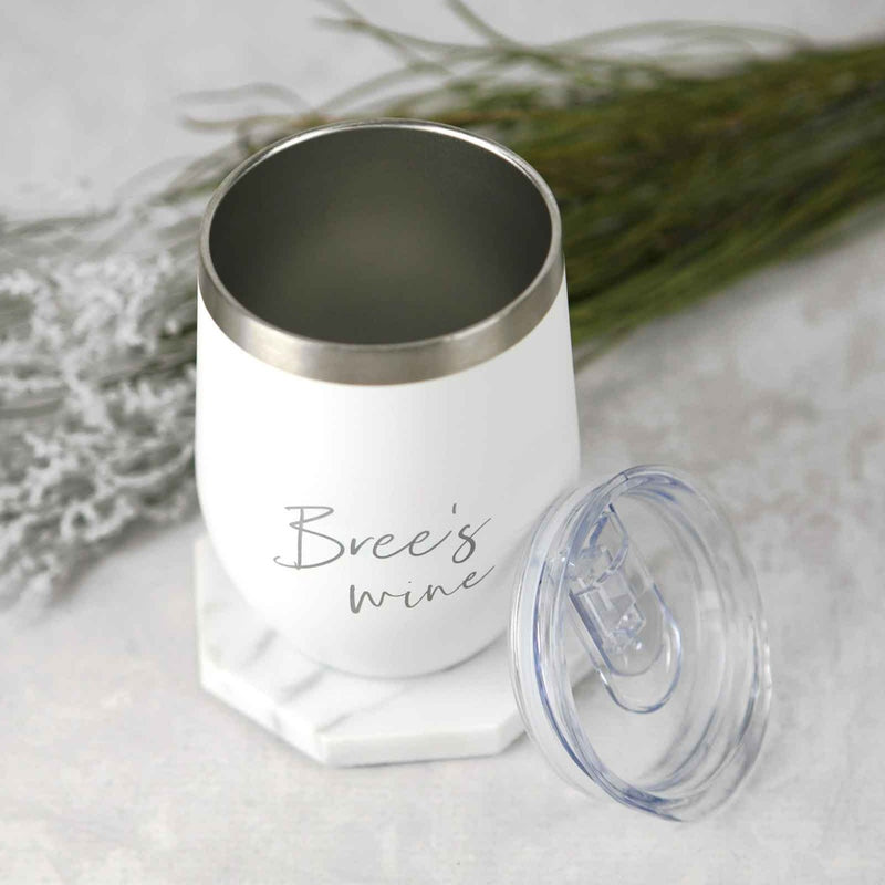 Custom Artwork Engraved White Coffee Travel Reusable Keep Cup Wine Sipper Silver Rim Birthday Gift