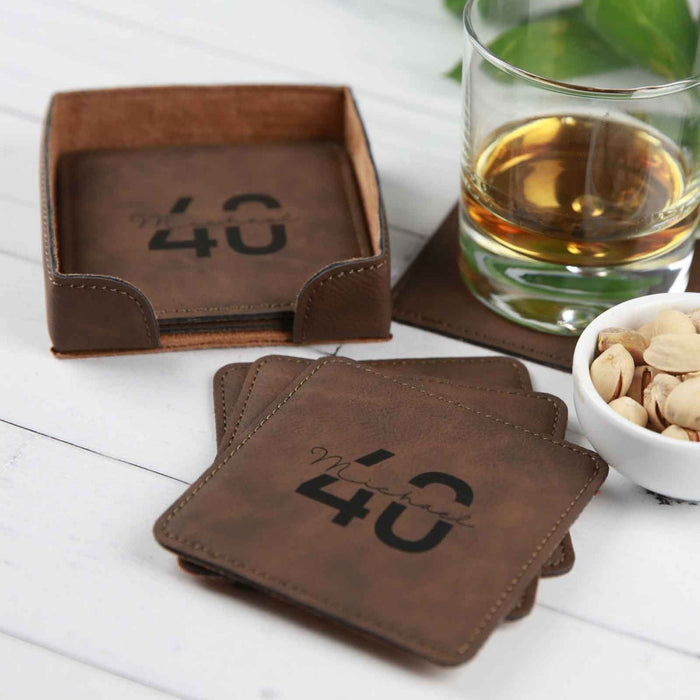 Personalised Engraved Milestone 40th Birthday Brown Leatherette Coaster set of 6 Present