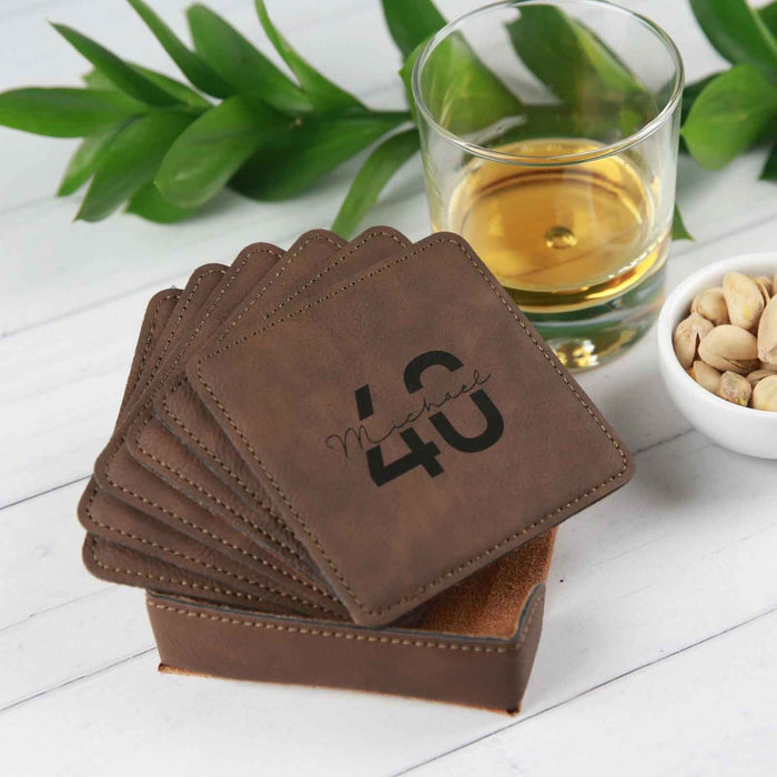 Custom Designed Engraved 40th Milestone Birthday Brown Leather 6 Coaster Gift Set