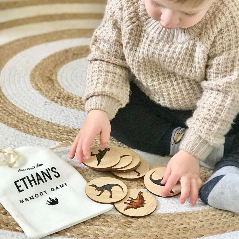 Customised Colour Printed Wooden Dinosaur Memory Game with Personalised Gift Bag