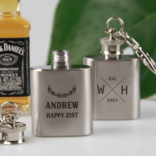 Personalised Engraved Birthday Silver Mini Hip Flask Keyring Guest Party Favours