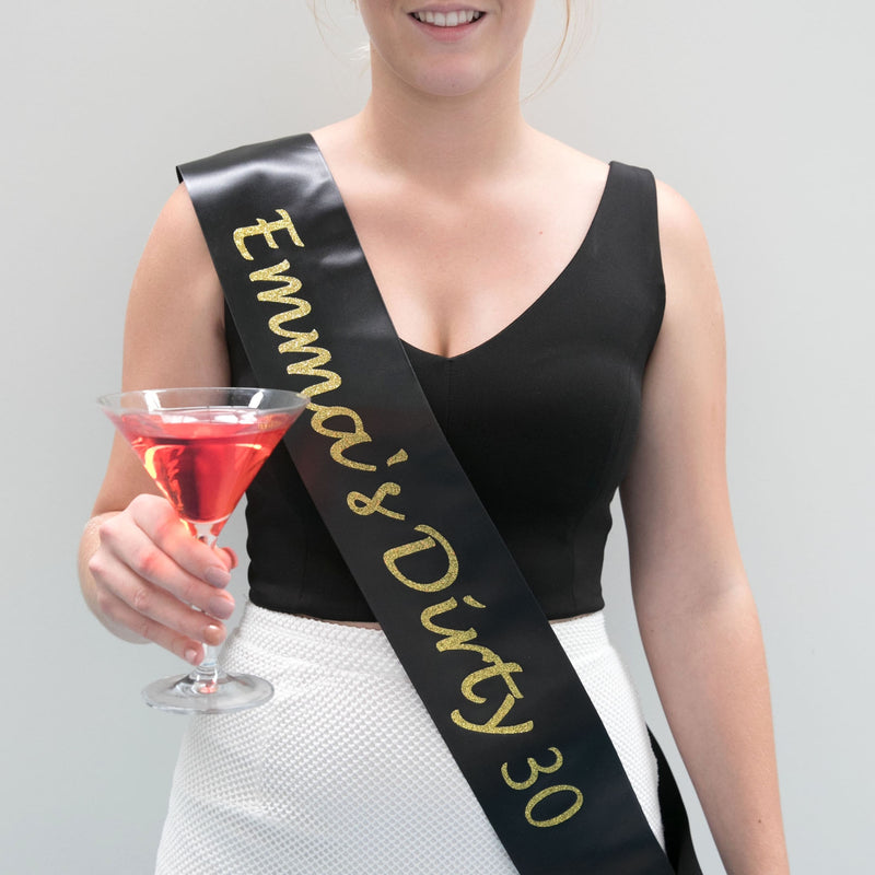 Custom Designed Silver Satin Sash with Pink Glitter Print Birthday