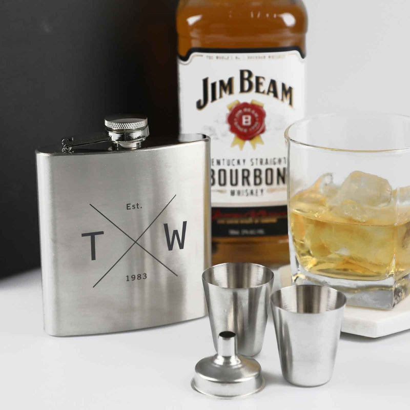 Custom silver hip flask set with black engraving and satin lined box