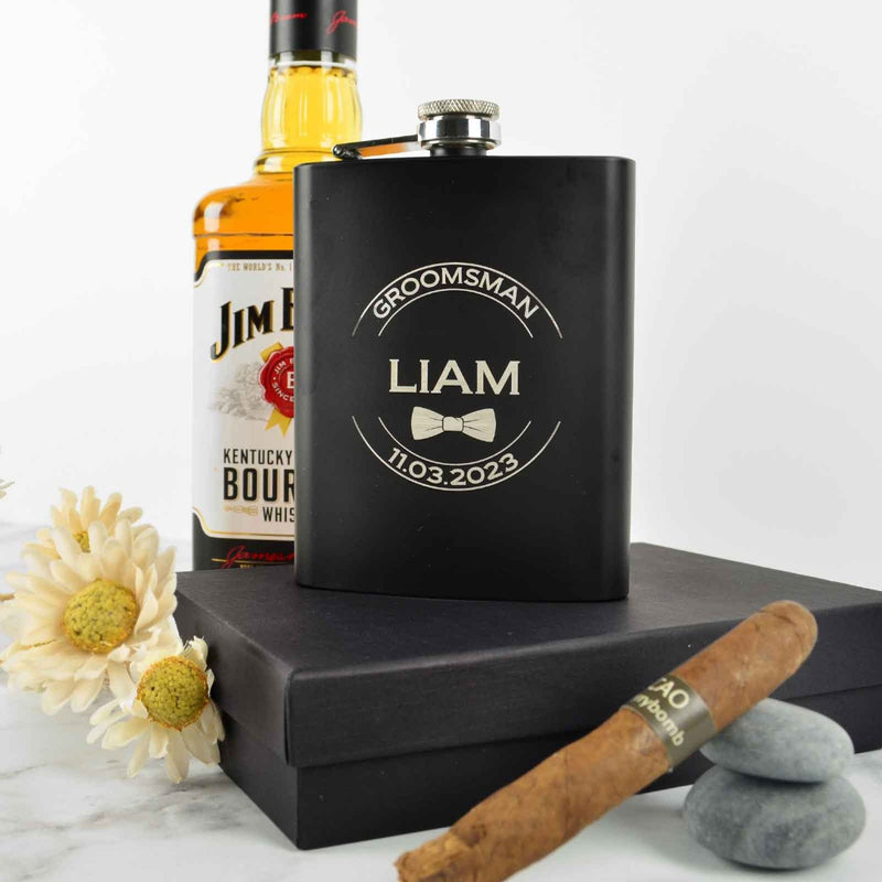 Custom Artwork Engraved Groomsman, Best Man, Groom Bridal Party wedding black hip flasks gift set Favour