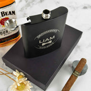 Custom designed engraved bridal party black hip flask set