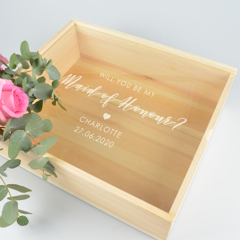 Personalised engraved maid of honour clear acrylic lid on wooden gift box