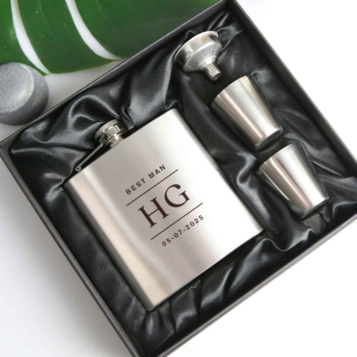 Engraved personalised silver bridal party 6oz hip flask with funnel and shot glasses presented in a silk lined box