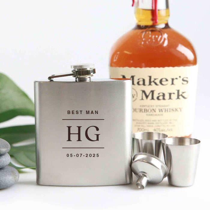Personalised Engraved Name Initials Groomsman Silver Hip Flask & Shot Glass
