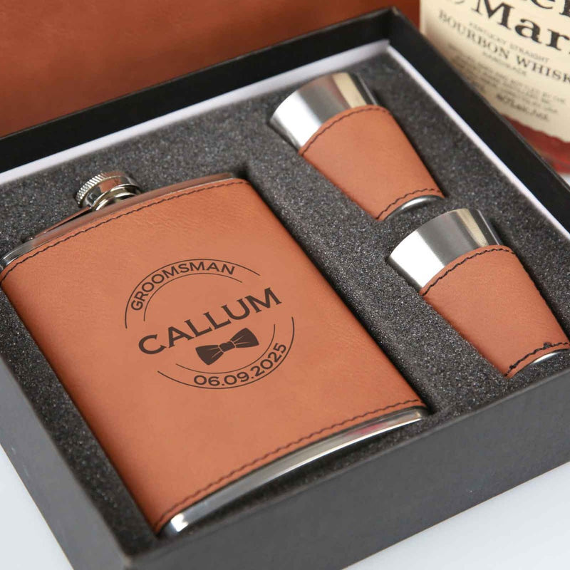 Custom Artwork Engraved Leatherette Tan Groomsman Best Man Groom Bridal Party Wedding Hip Flask & Shot Glass Set