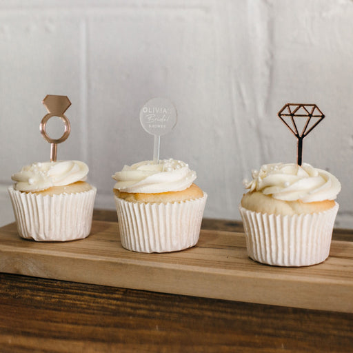 Customised Laser Cut & Engraved Rose Gold & Frosted Acrylic Hen's Party Cup Cake Toppers