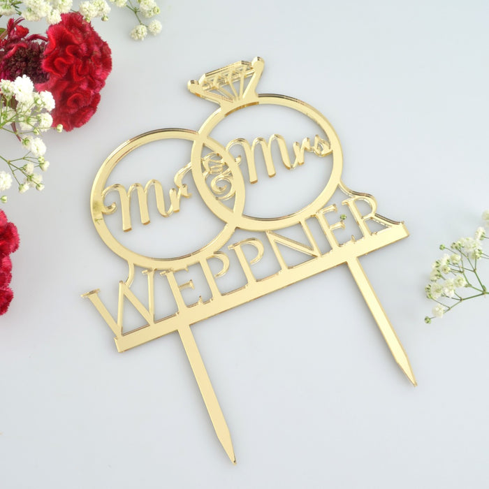 CARISPIBET Wedding Cake Topper - Two Crossed Diamond Rings With "Mr & Mrs" Acrylic Decoration, Black