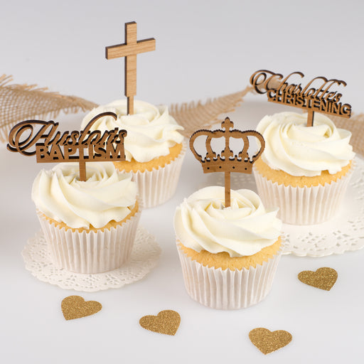 Personalised Laser Cut Wooden Baby Baptism Cupcake Toppers