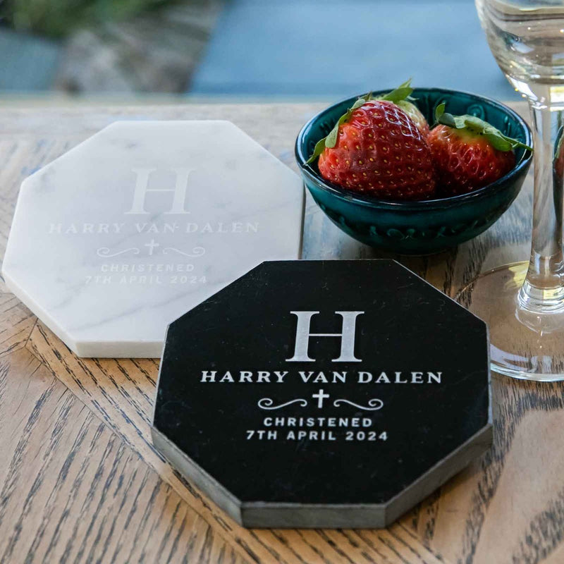 Personalised Engraved Octagon White Black Christening Baptism Marble Coaster Gift