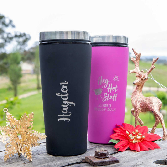 Personalised Engraved Christmas Pink and Black Travel Coffee Mugs Present