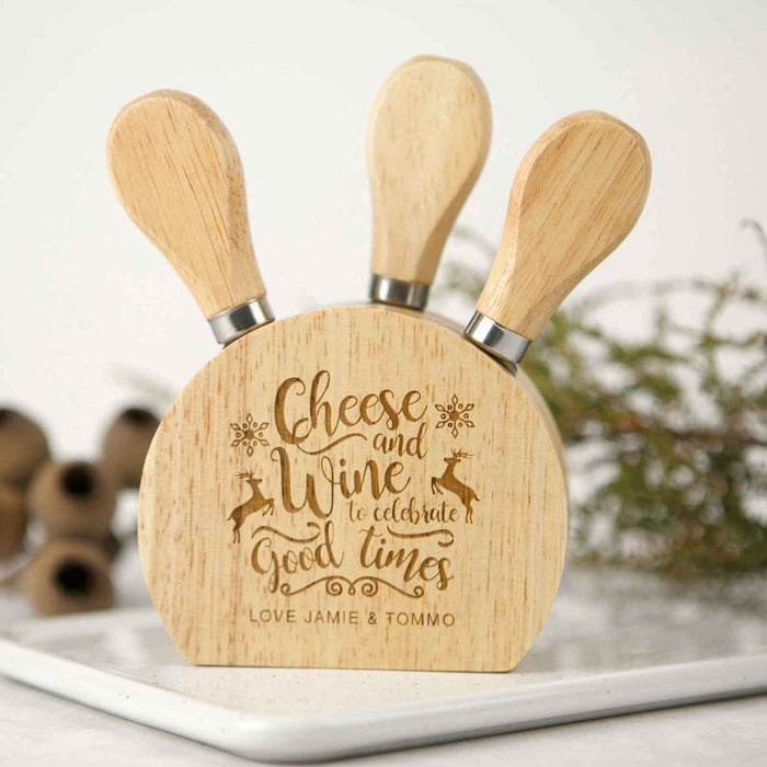 Personalised Engraved Wooden Christmas Cheese Knife Block Set