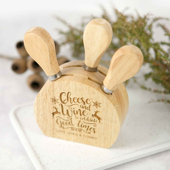 Customised Engraved Wooden Christmas Cheese Knife Block Set Present