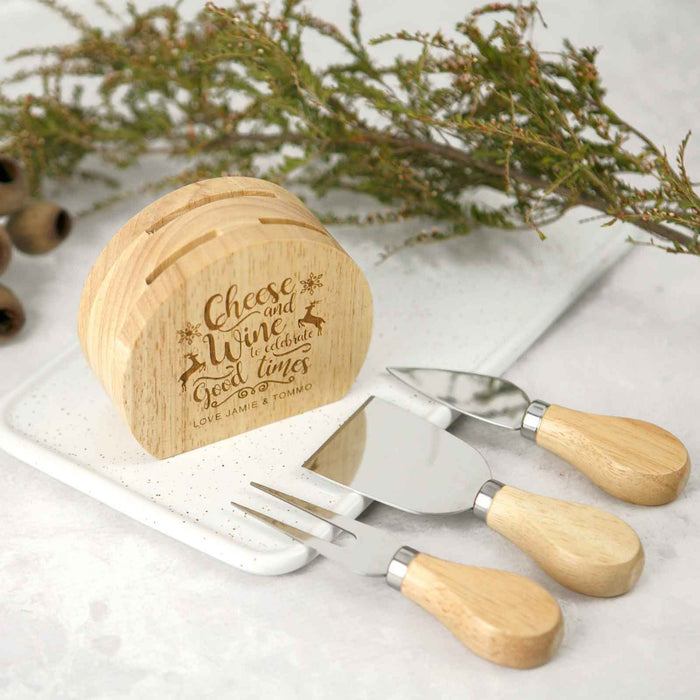 Custom Designed Engraved Wooden Christmas Cheese Knife Block Set Present