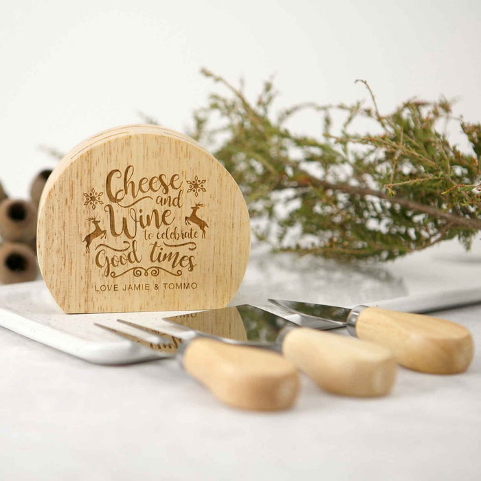 Custom Artwork Engraved Wooden Christmas Cheese Knife Block Set Gift