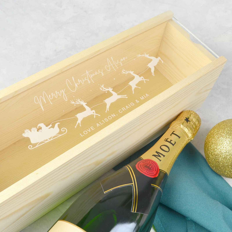 Customised Engraved Christmas Wine or Champagne Bottle Natural Wooden with Clear Acrylic Lid