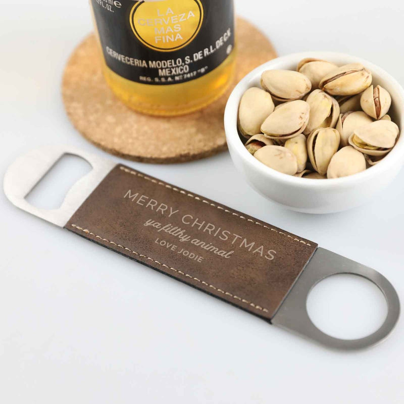Personalised Engraved Christmas Tan Leatherette Barmate Bottle Opener