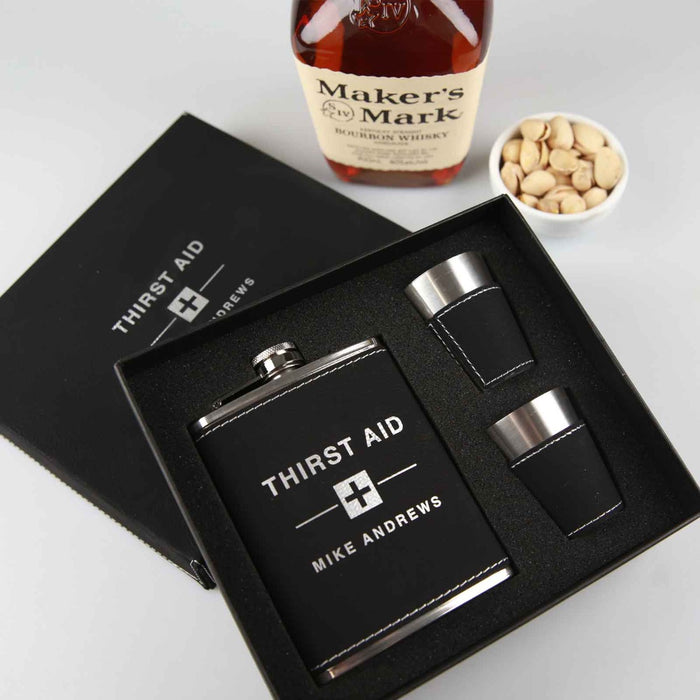 Personalised Engraved Black Leatherette Hip flask and shot glasses set Christmas Gift