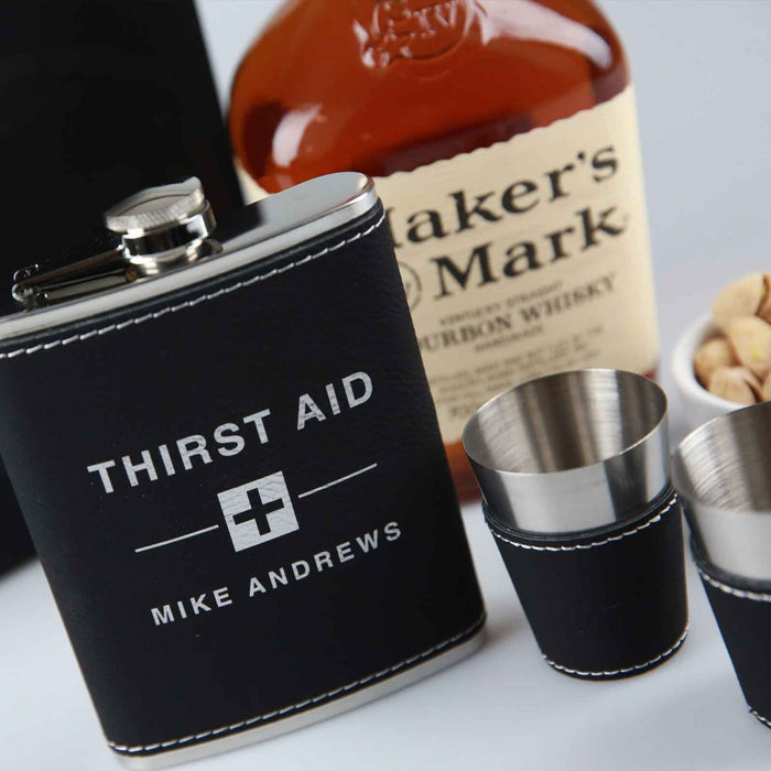 CustomIsed Engraved Black Leather Hip flask and shot glasses Christmas Present