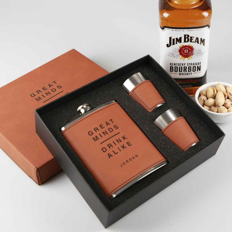 Customised Engraved Tan Leather Hip flask, two shot glasses and gift Box Christmas Secret Santa Present