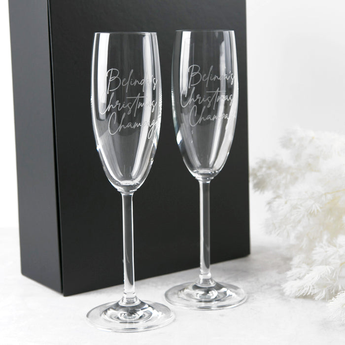 Personalised Engraved Christmas Champagne Glasses Present with matching Black Gift Box