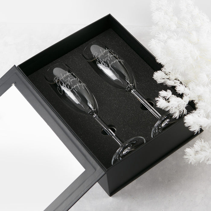 Custom Artwork Engraved Christmas Champagne Glasses Present with complimentary Black Gift Box