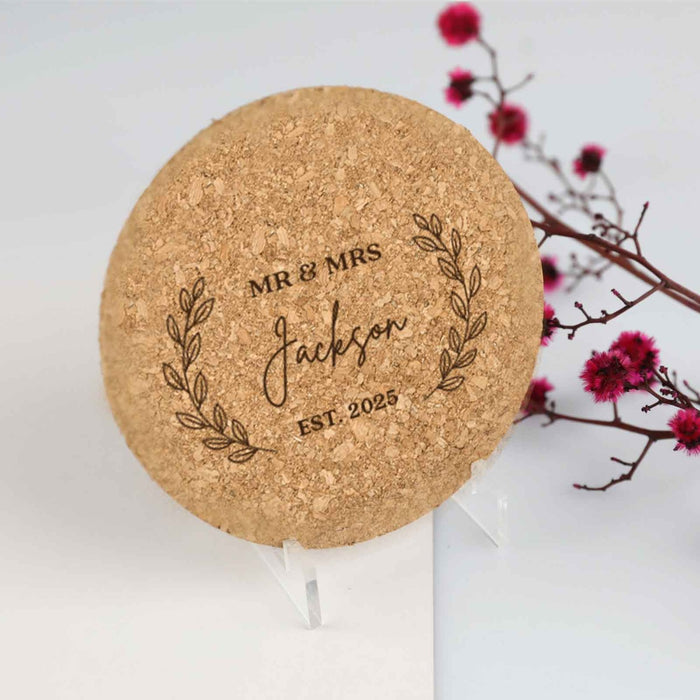 Personalised Engraved Wedding Reception Cork Coaster Favour on Clear Stand