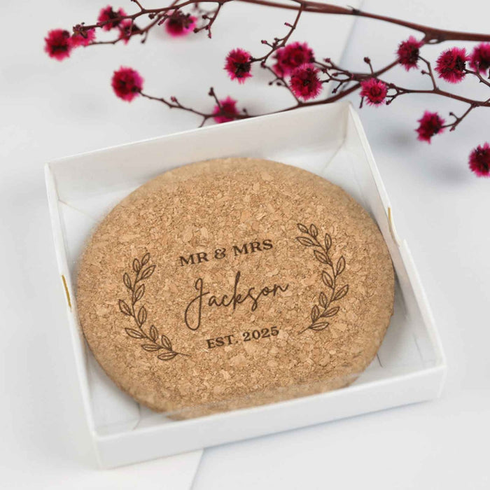 Customised Engraved Wedding Reception Cork Coaster Favour in Presentation Coaster Boxes