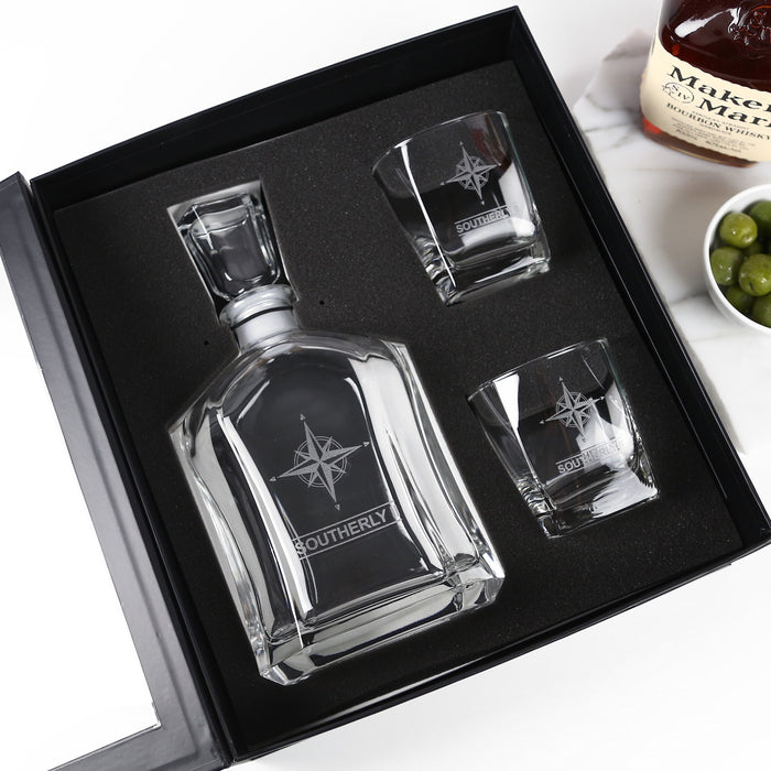Custom Artwork Engraved Corporate logo Decanter Gift Set with Gift Box - Premium Whiskey Decanter PLUS 2 Scotch Glasses Client or Employee Promotional Gift
