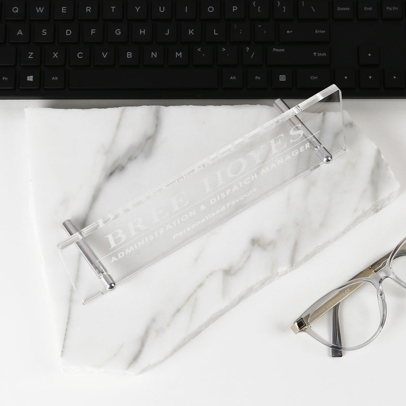 Custom Designed Engraved Name & Positional Clear Acrylic Office Desk Sign Plaque