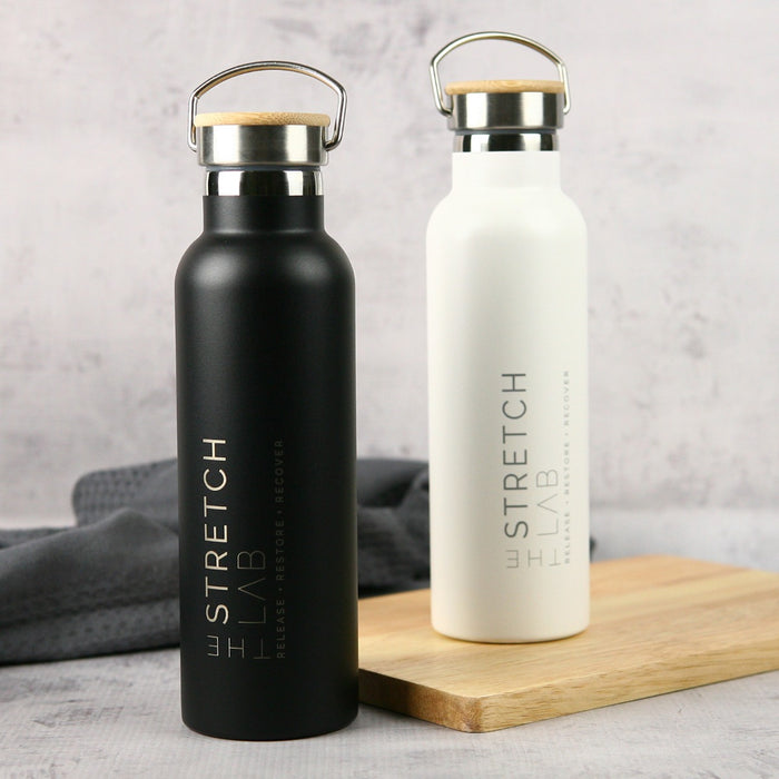 Engraved Corporate Logo White and Black Stainless Steel Sports Drink Water Bottle Client or Corporate Gift