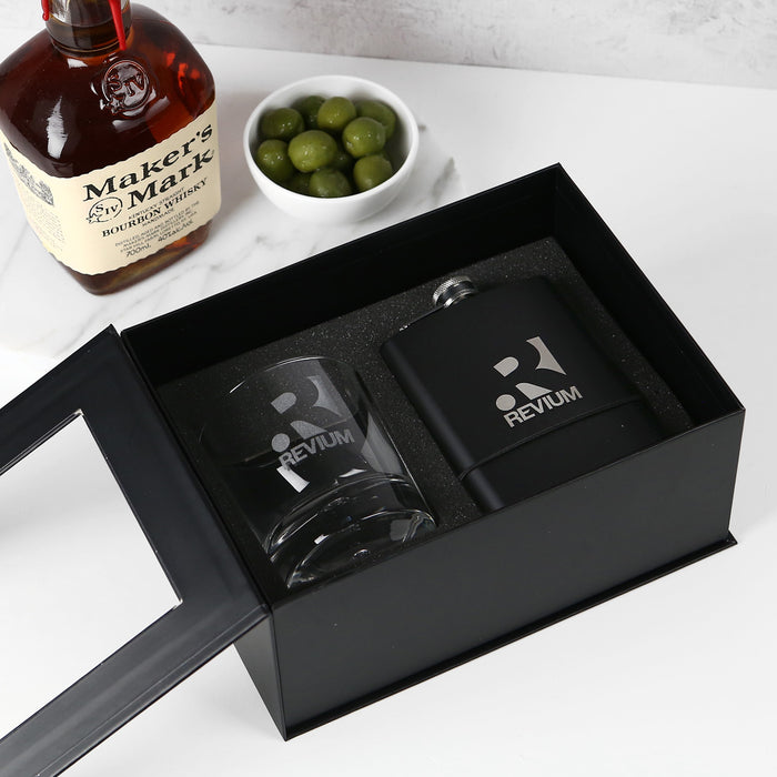 Custom Designed Engraved Gift Boxed Corporate Round Scotch Glass and Black 7oz Hip Flask Company or Client Gift