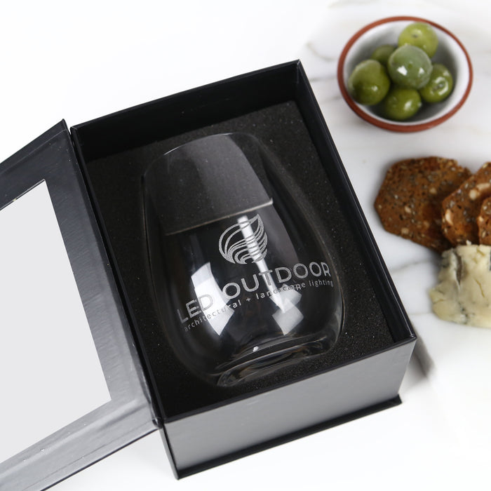 Custom Artwork Engraved Company Logo 460ml Stemless Wine Glass Black Presentation Box Corporate or Employee Gift