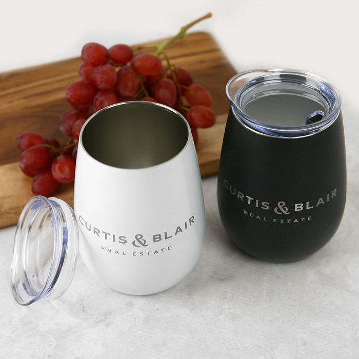 Custom Designed Engraved Corporate White & Black  Wine Sipper with Lid Employee or Client Gift