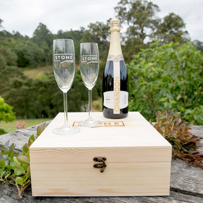 Customised Engraved Corporate Logo Champagne, Wine and Wooden Gift Box Set