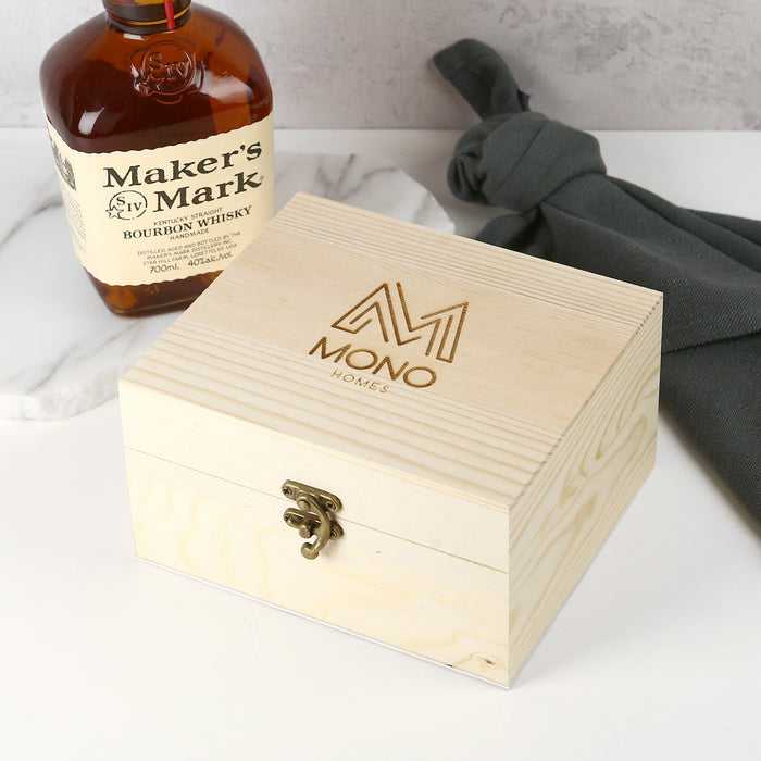Customised Engraved Company Logo Wooden Gift Boxed Scotch Glass and Whiskey Stone Set Corporate or Client Promotional Gift