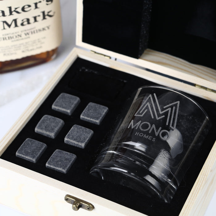 Custom Artwork Engraved Company Logo Wooden Gift Boxed Scotch Glass and Whiskey Stone Set Corporate or Client Promotional Gift