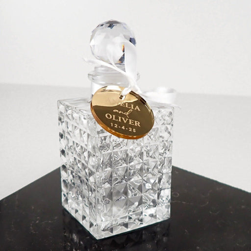 Decanter wedding reception favour jars and attached engraved customised gold, silver & rose gold acrylic gift tag